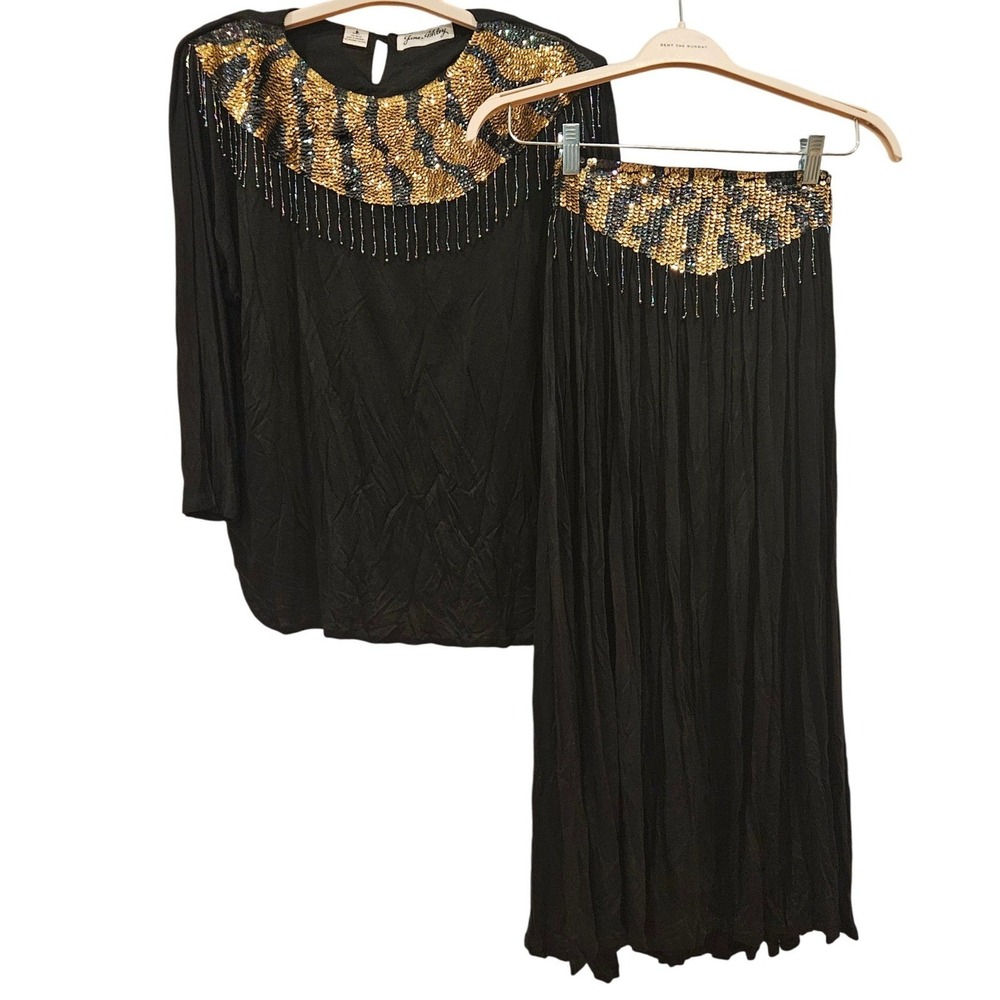 Jane Ashley Black Sequin‎ Gypsy Top & Pleated Skirt Set Women's L Stevie Nicks